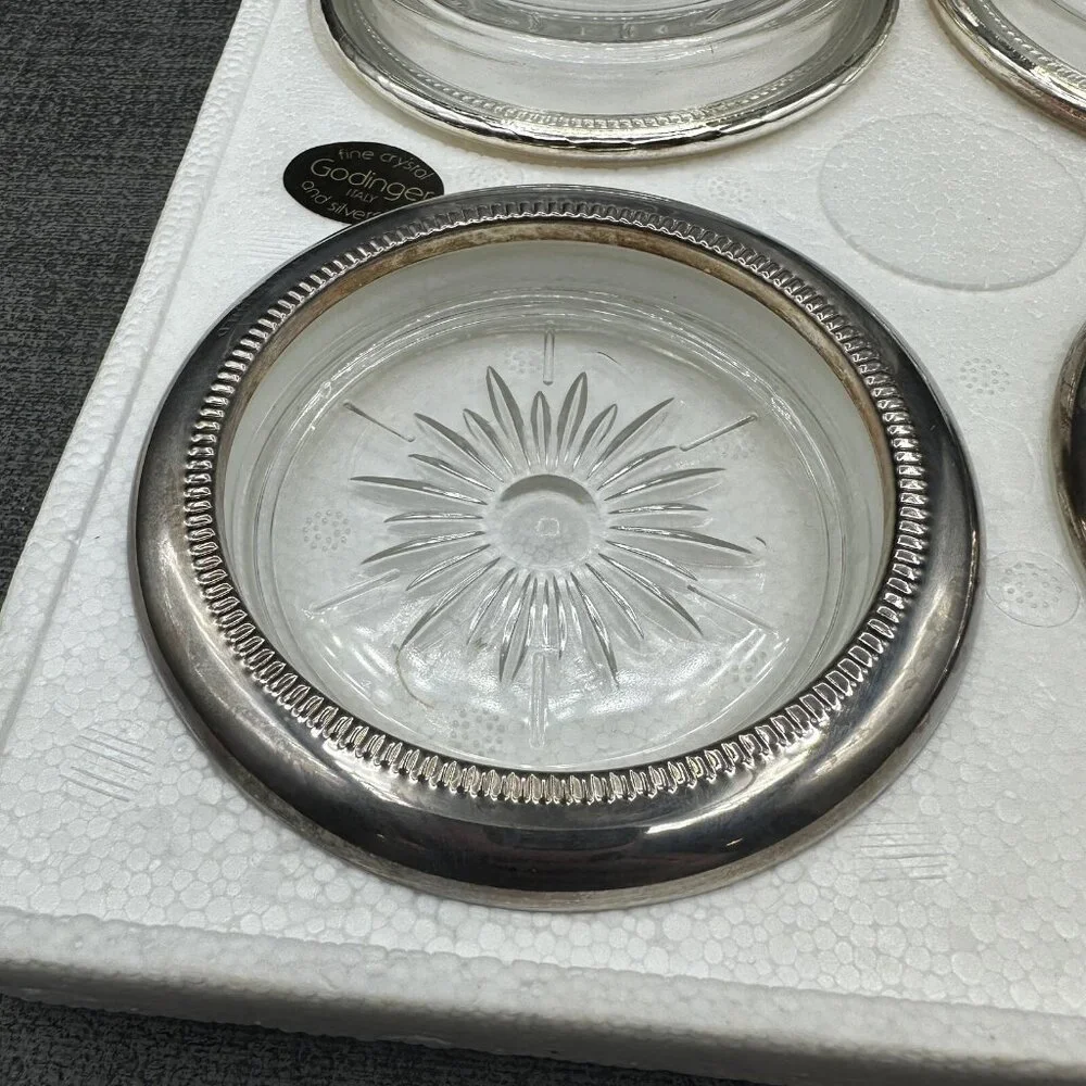 Vtg Godinger Silver Plated Crystal Coasters Starburst Pattern Italy NOS Boxed